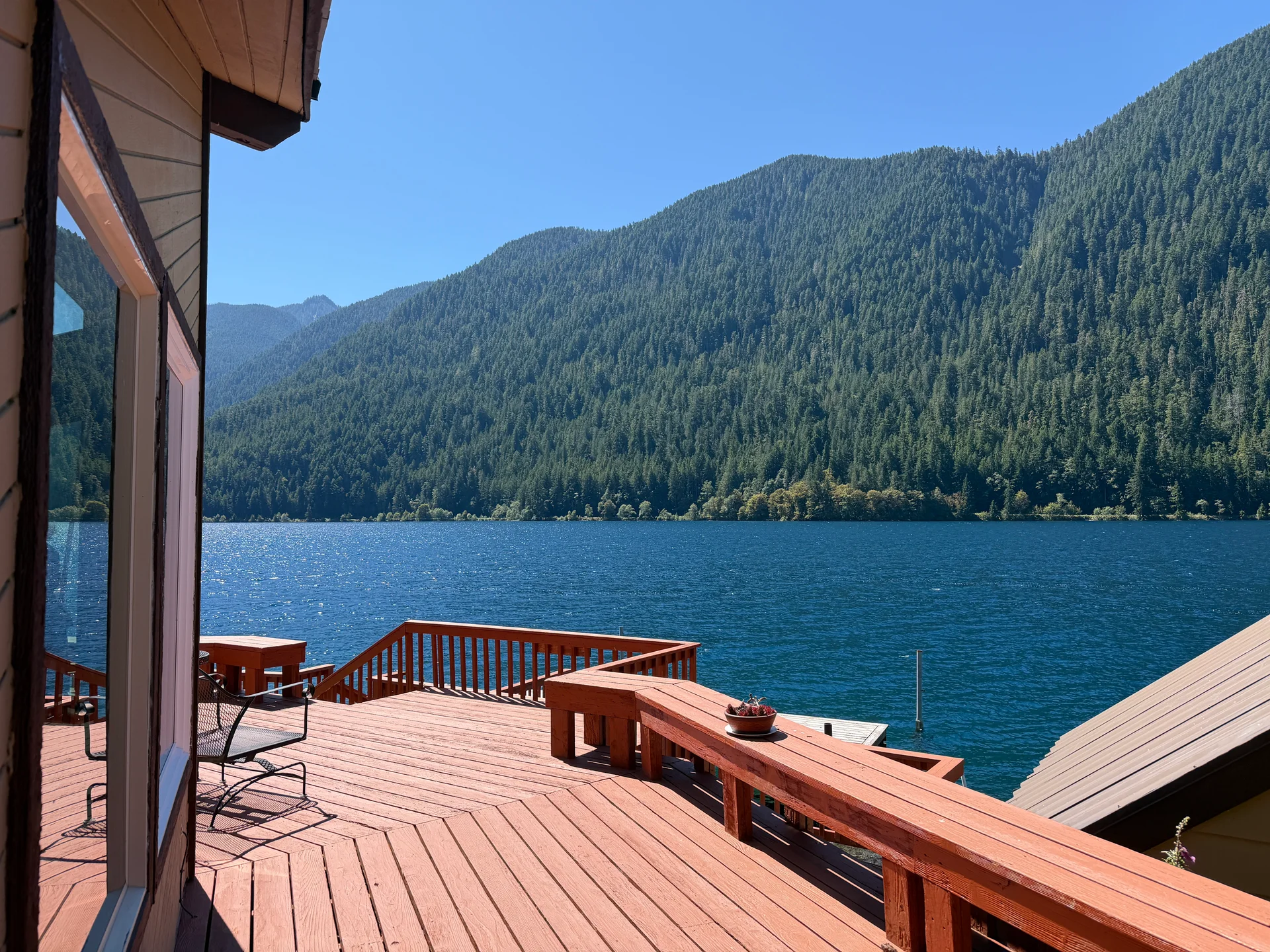 The deck over Crescent Lake on a cloudless afternoon