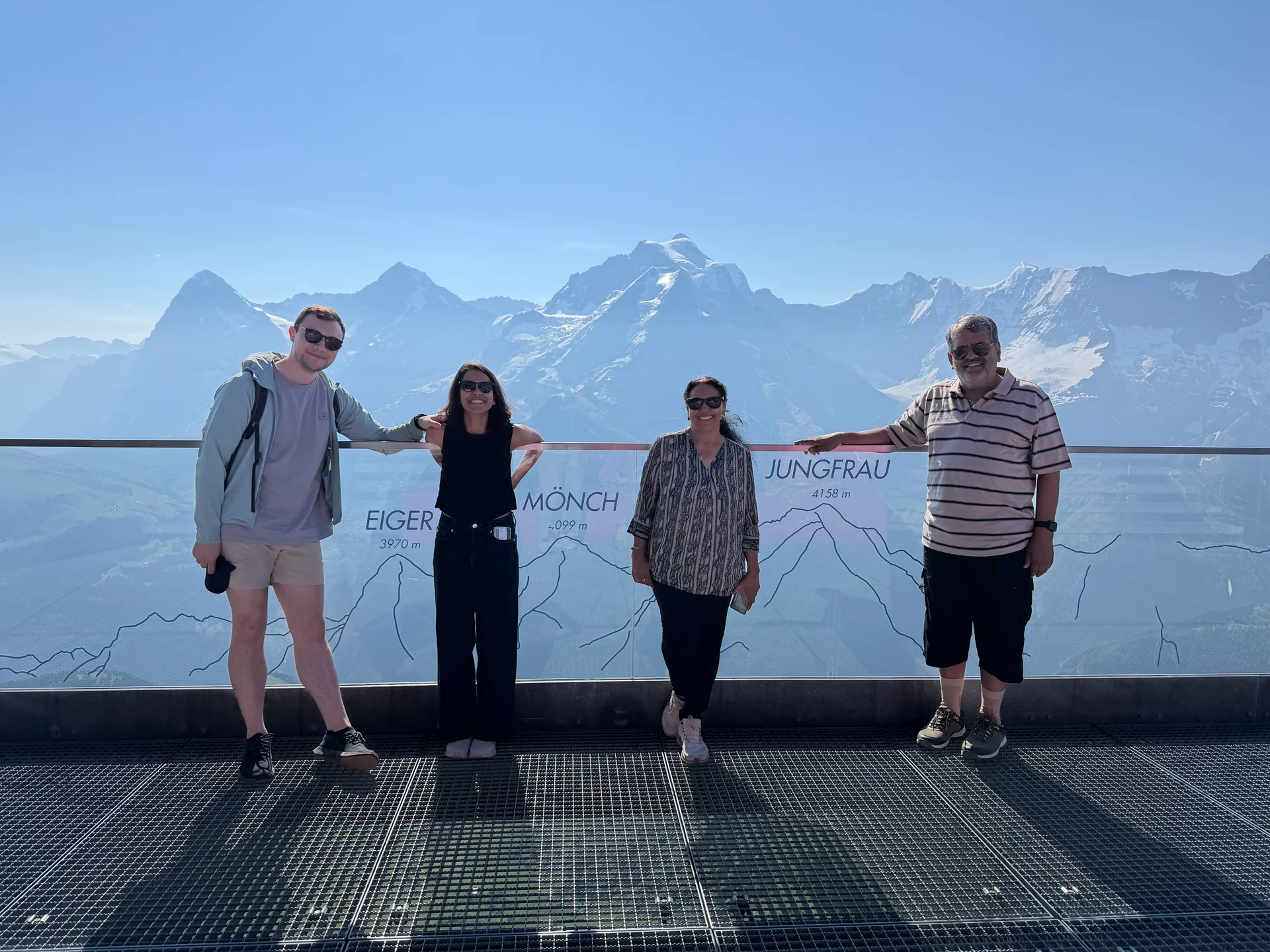 The group on the Piz Gloria viewing platform with the Eiger, Mönch, and Jungfrau labeled behind